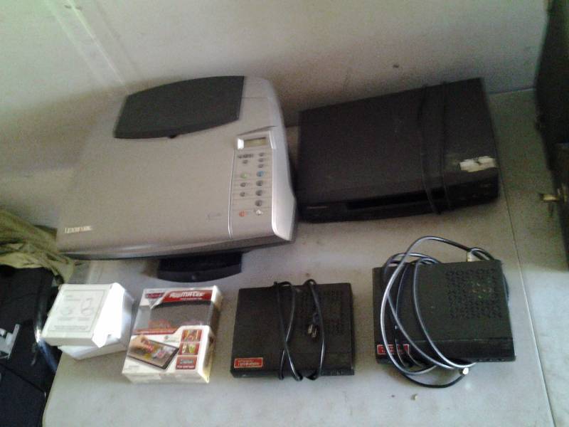 lot 13 image: Lexmark PrinterScannerCopier, 2-Zenith Converter Boxes, Cars App Mates Toys, VCR, Post It Notes