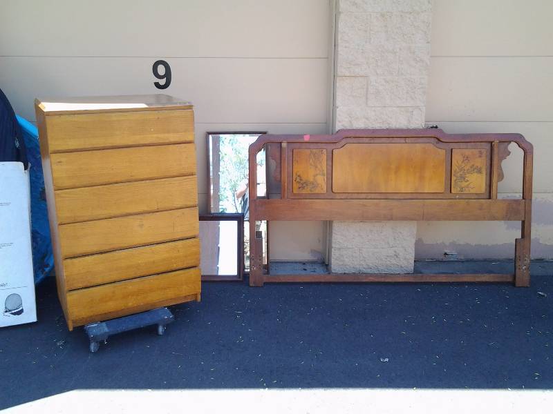 lot 17 image: 6 Drawer Chest 302x21x48, Headboard With Asian Design & 2 Mirrors 76 Inches