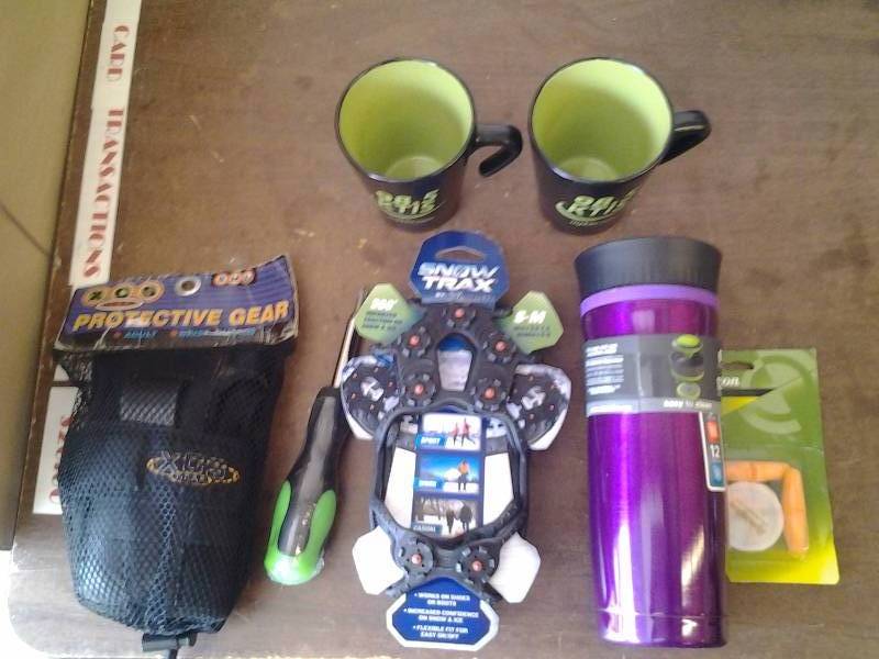 lot 70 image: Wrist Guards, HotCold Traveler Cup, Snow- Traks, Screw Driver, Insect Guard Ear Plugs