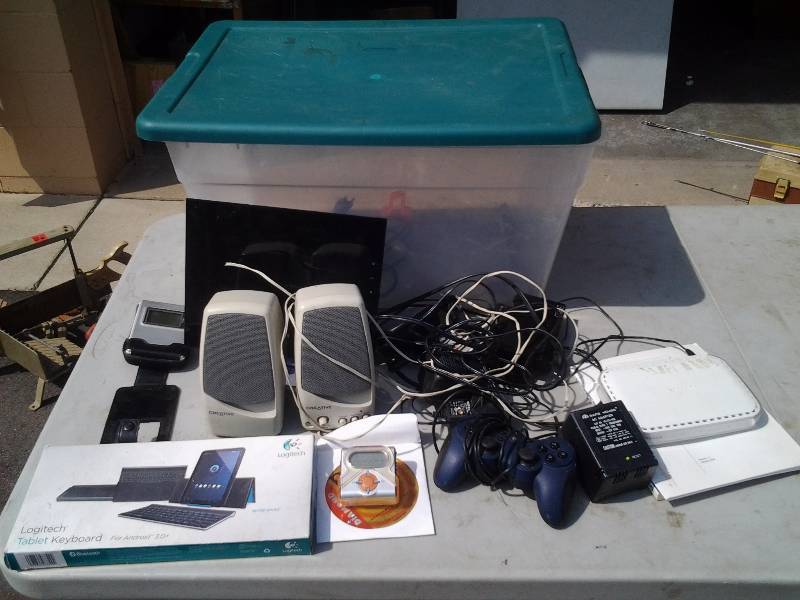 lot 90 image: Tote With Netgear Equipment, Router, Computer Speakers, More