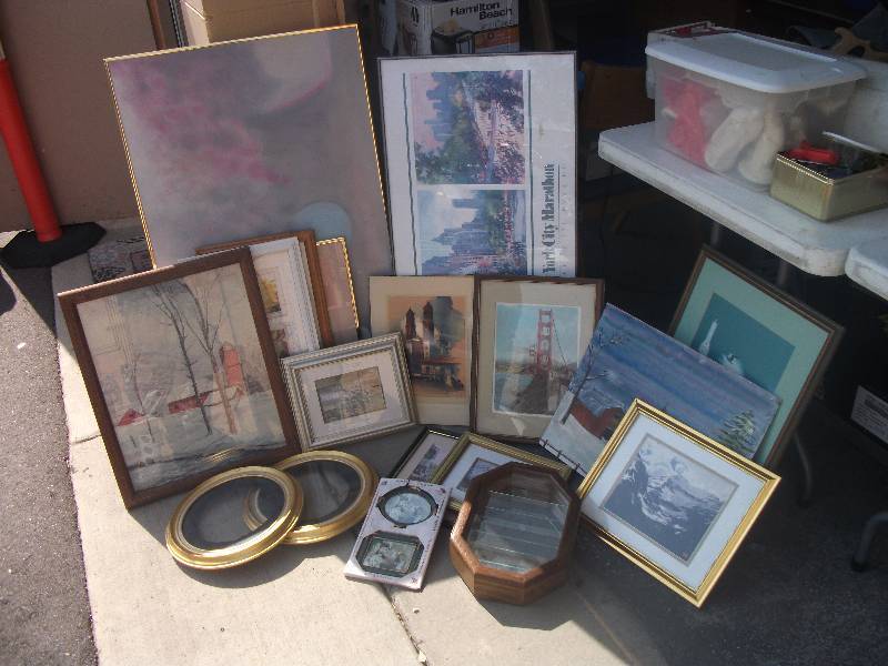 lot 105 image: Large Lot Of Pictures, Paintings, Posters, Frames, Shadow Box, Includes Tote With Lid