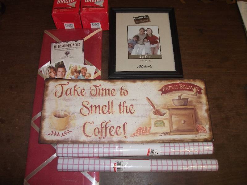 lot 60 image: Decorative Sign, French Memo Board, Drawer Liners, Frame, 2-Flood Light Bulbs