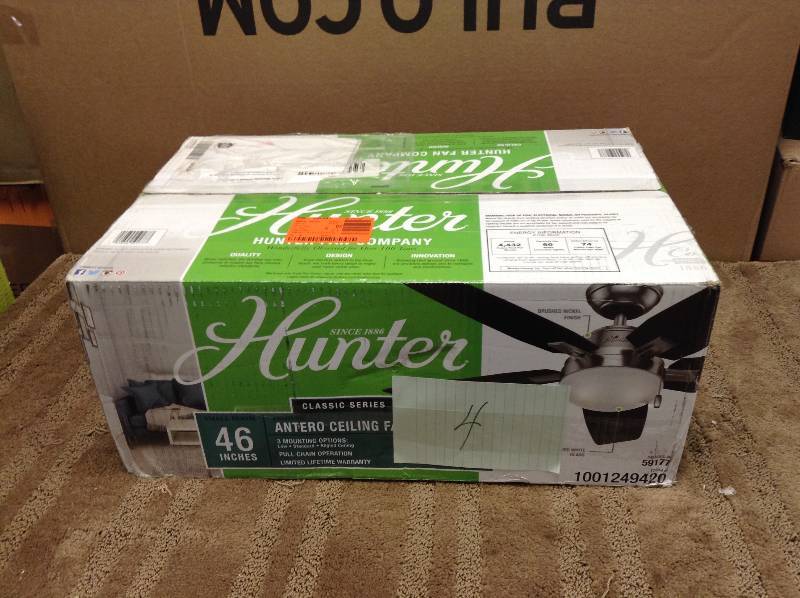 lot 4 image: Hunter Antero 46 in. Indoor Brushed Nickel Ceiling Fan with Light open box never used