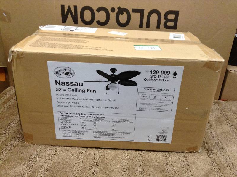 lot 24 image: Hampton Bay Nassau 52 in. IndoorOutdoor Iron Finish Ceiling Fan sports a rustic finish with a vintage schoolhouse kit open box never used