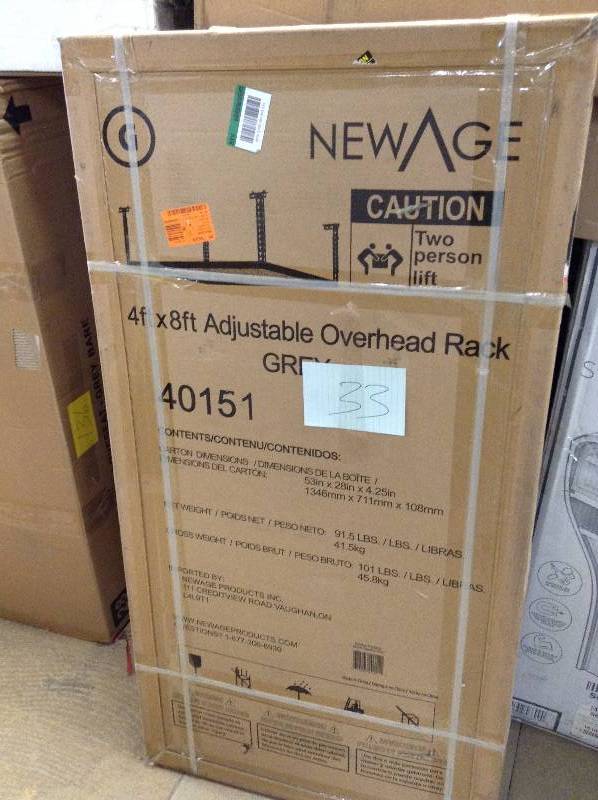 lot 33 image: NewAge Products Performance 96 in. L x 48 in. W x 42 in. H Adjustable VersaRac Ceiling Storage Rack in Gray open box never used