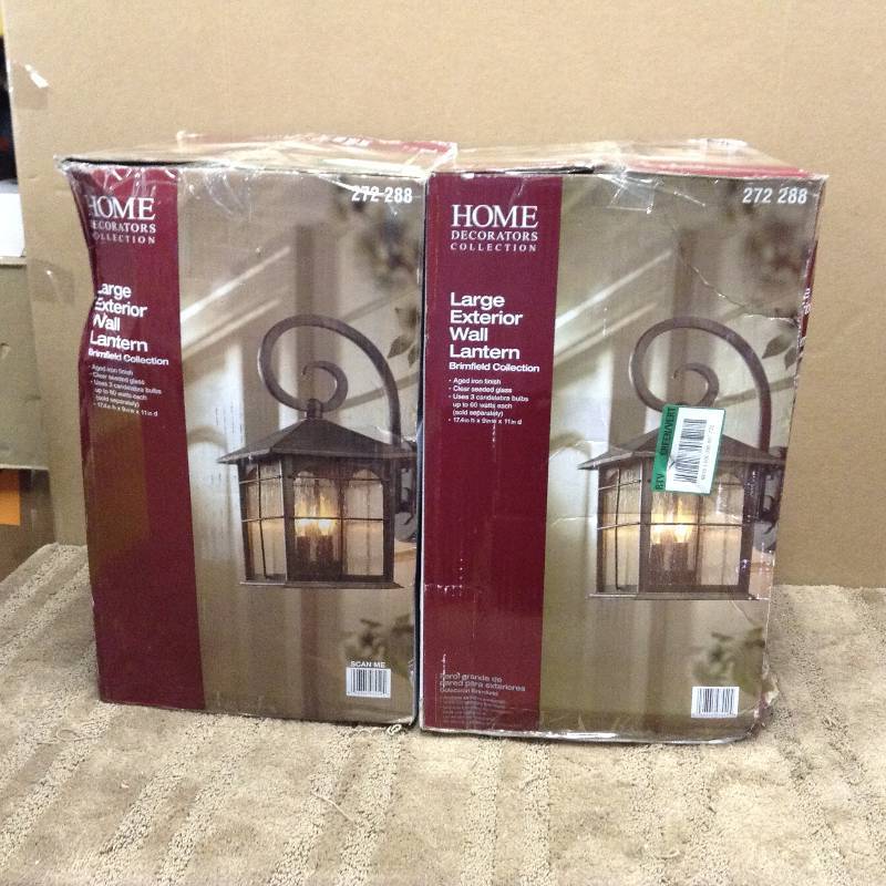 lot 47 image: Set of 2 Home Decorators Collection Brimfield 3-Light Aged Iron Outdoor Wall Lantern Model#  Y37030A-151 open box never used