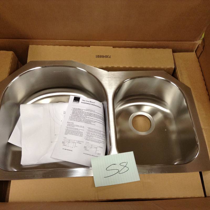 lot 58 image: Elkay Lustertone Undermount Stainless Steel 31 in. 0-Hole Double Bowl Kitchen Sink Model # ELUH3119R open box never used