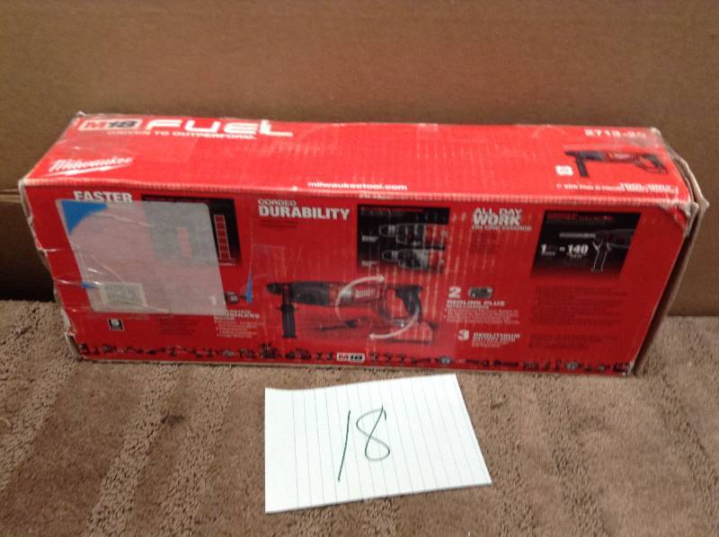 lot 18 image: Milwaukee M18 FUEL 18-Volt Lithium-Ion 1 in. Brushless Cordless SDS-Plus D-Handle Rotary Hammer Bare Tool-2713-20  open box never used