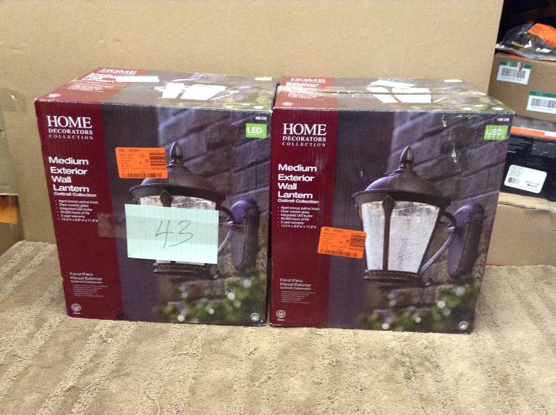 lot 43 image: Set of 2 Home Decorators Collection Cottrell Aged Bronze Patina Outdoor LED Powered Wall Lantern open box never used