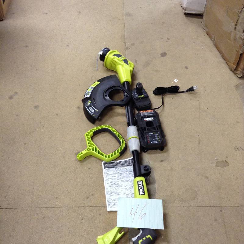 lot 46 image: Ryobi ONE 18-Volt Lithium-Ion Hybrid Electric Cordless String TrimmerEdger Model#  P2210 open box never used