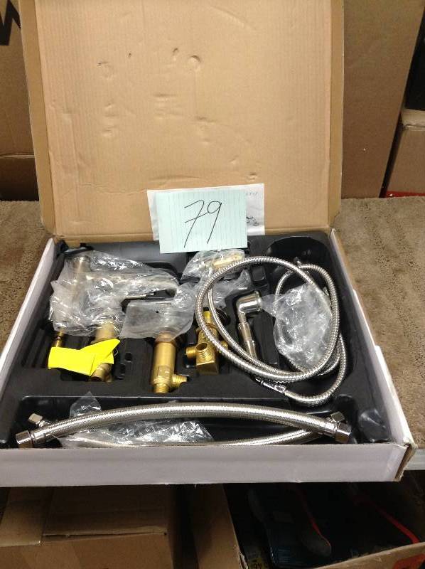 lot 79 image: Pegasus Bamboo 3-Handle Roman Tub Faucet with Hand Shower in Brushed Nickel open box never used