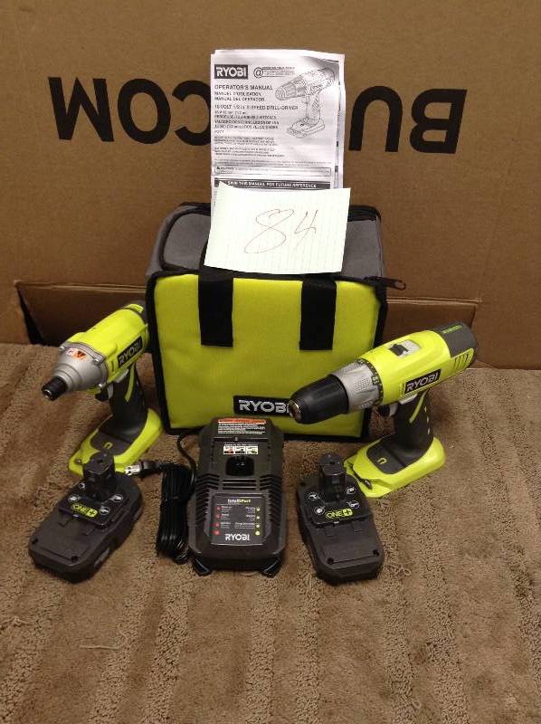 lot 84 image: Ryobi P882 ONE 18V Li-Ion Cordless Drill Driver and Impact Driver Kit in like New working conditions