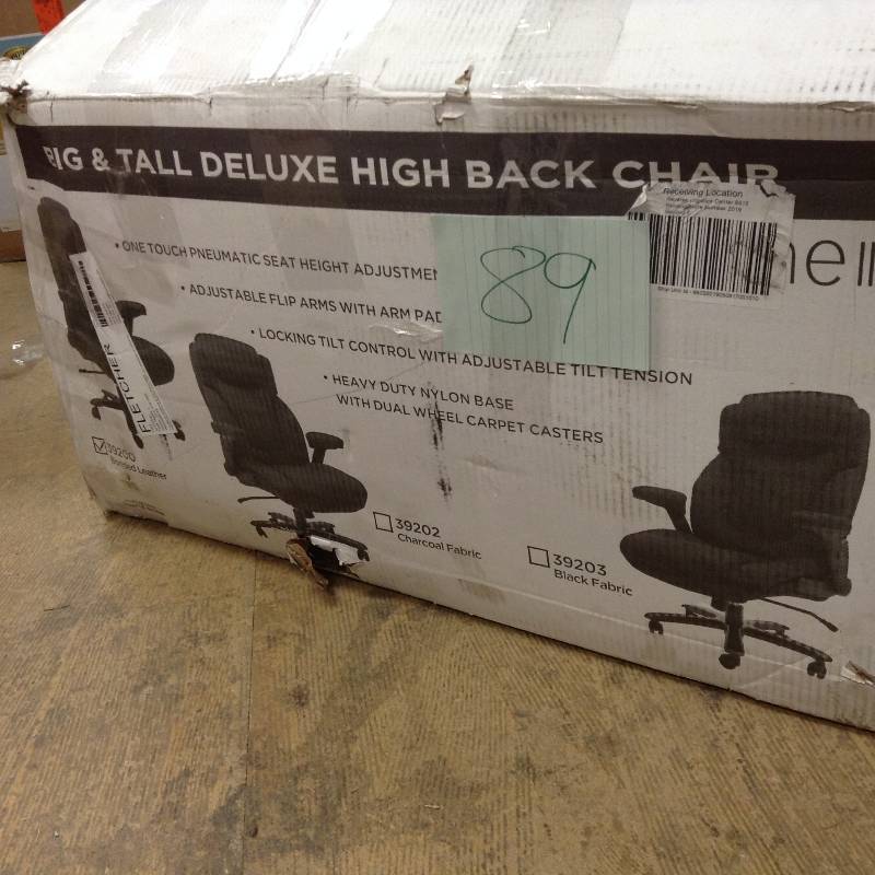 lot 89 image: Pro-Line II Big and Tall Deluxe High Back Bonded Leather Executive Office Chair with Padded Flip Arms - 400 lb. Weight Capacity - Black  open box