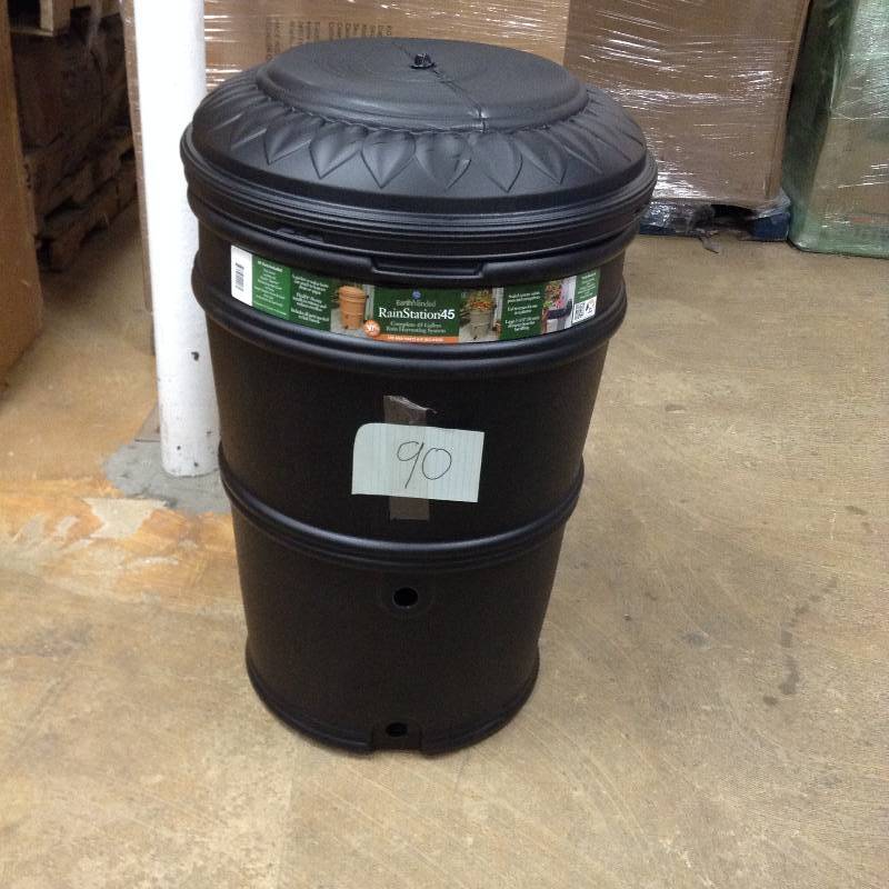 lot 90 image: EarthMinded RainStation 45 Gal. Recycled Black Rain Barrel with Diverter open box never used
