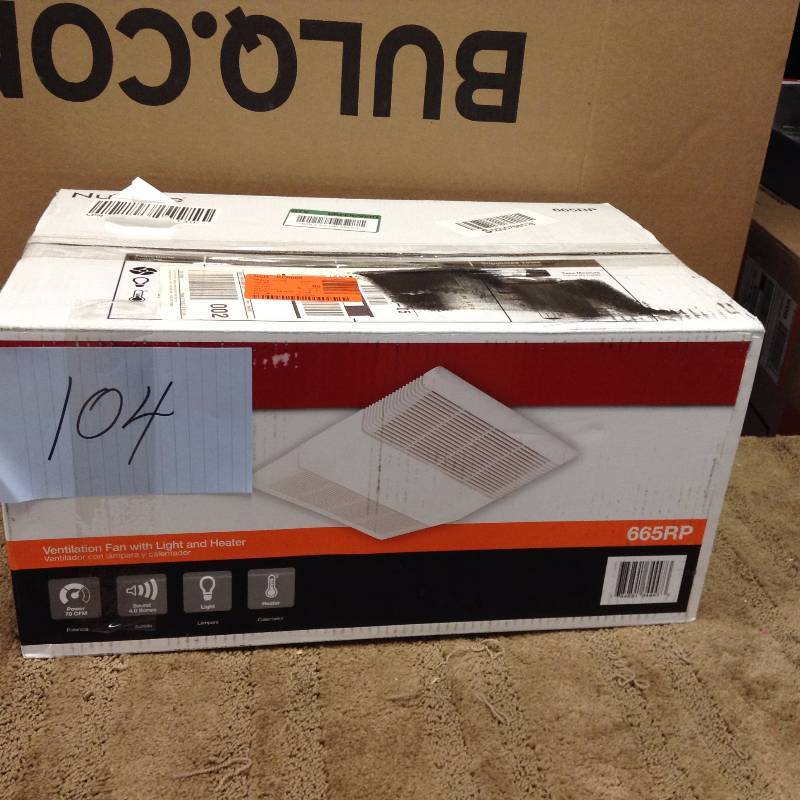 lot 104 image: 70 CFM Ceiling Exhaust Fan with Light and 1300-Watt Heater Model#  665RP open box never used