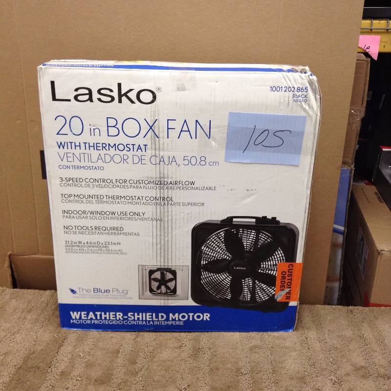 lot 105 image: Lasko Weather-Shield Select 20 in. 3-Speed Box Fan with Thermostat  open box never used