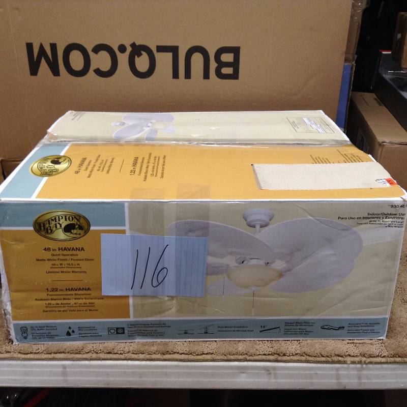 lot 116 image: Hampton Bay Havana 48 in. IndoorOutdoor Matte White Ceiling Fan open box never used