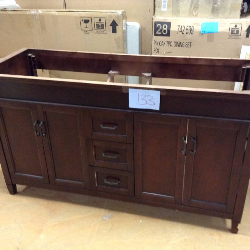 lot 133 image: St. Paul Valencia 60 in. Vanity in Antique Black with Stone Effects Vanity Top in Cascade not used whit small damage please review the photos