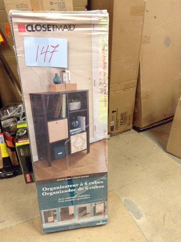 lot 147 image: ClosetMaid 26 in. W x 38 in. H Black Walnut 6-Cube Organizer open box never used