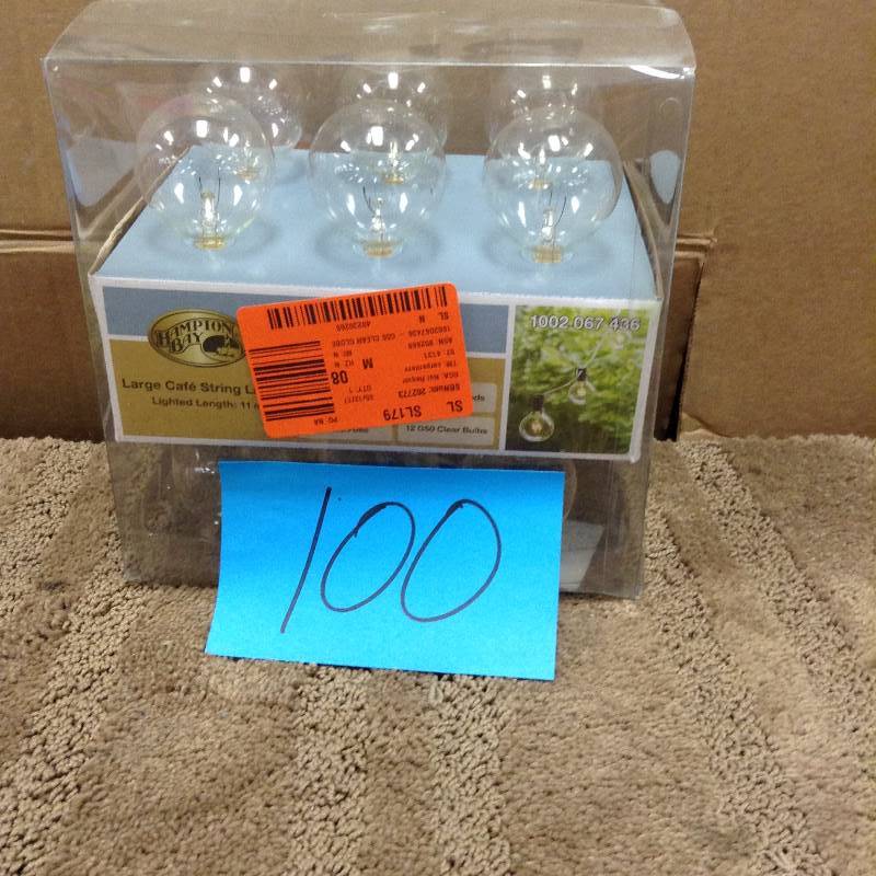 lot 100 image: Hampton Bay Decorative 12-Light Large Cafe Indoor Outdoor Clear String Lights