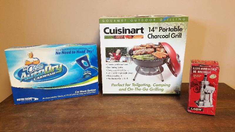 lot 155 image: Cusinart 14 Portable Grill, Mr. Clean Car Wash Kit, 2 Ton Jack