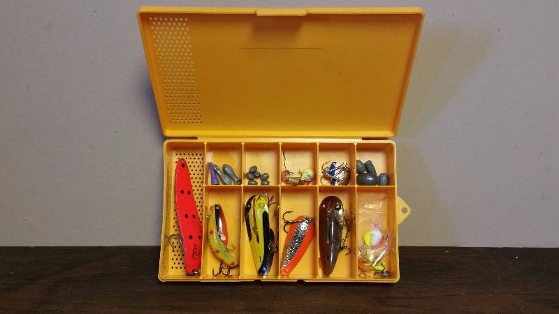 lot 109 image: Yellow Tackle Box w Dare Devils & Sinkers, Etc.