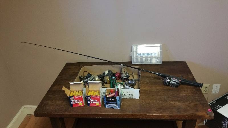 lot 339 image: 20 & 12 Gauge Shotgun Shells, Fishing Rod, Fishing Reels, Tackle Box