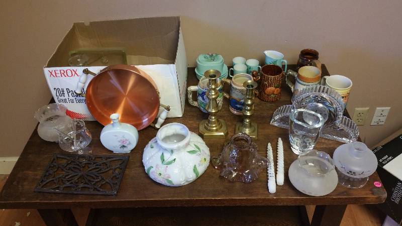 lot 340 image: Group Including Aladdin Shade, Brass Candlesticks, Crystal Clock, Steins, Copper Dish, Etc.