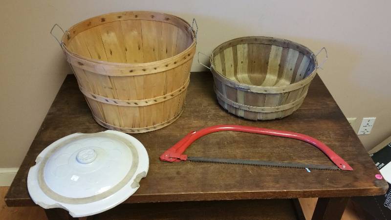 lot 344 image: (2) Antique Apple Baskets, 8 Gallon Red Wing Crock Cover, and a Saw