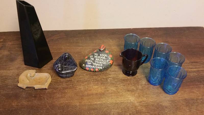 lot 349 image: Vintage Glasses, Amethyst Fostoria Creamer, Stoneware & Decor