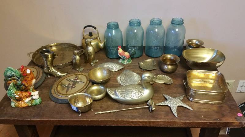 lot 356 image: Antique Mason Jars, Brass Items, Porcelain Chickens, Etc.