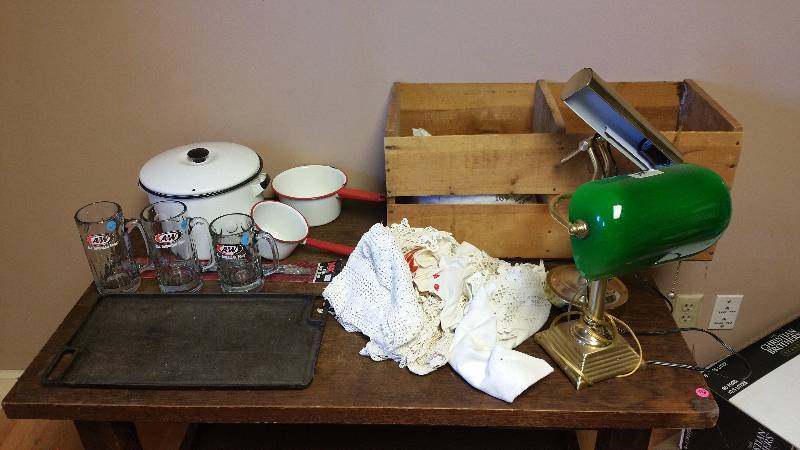 lot 357 image: Vintage A&W Mugs, Cast Iron Cookware, Enamel Cookware, Lamps, Crate