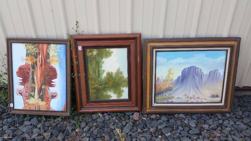lot 360A image: Vinyl Gutter Section, Cloth Window Shades, Vintage Projector Screen, (3) Oil on Canvas