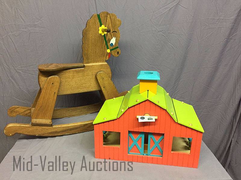 lot 85 image: Kids wood barn & rocking horse