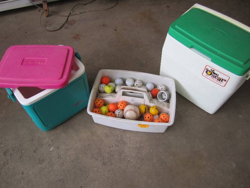 Golf and other balls, 2 coolers...