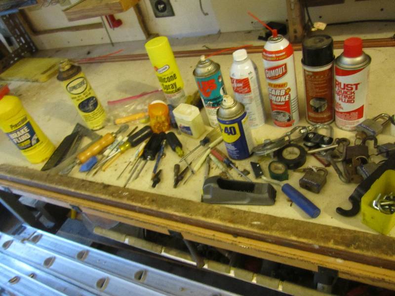 Bucket of padlocks, chemicals and t...