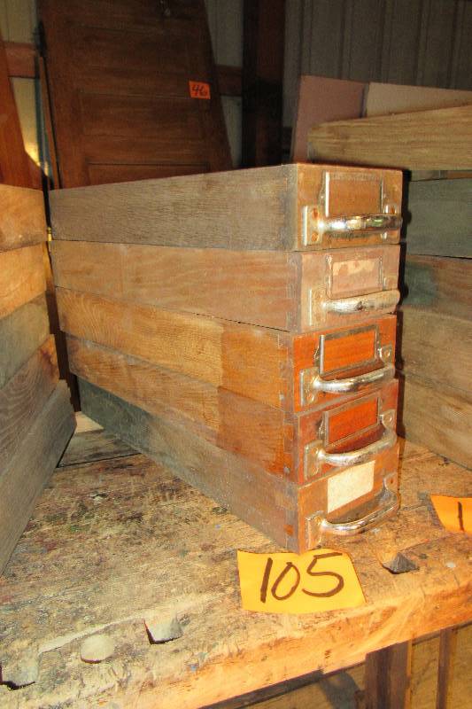 lot 105 image: 5, card catalogue drawers.. Solid wood, dovetail construction