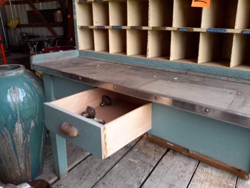 lot 2 image: Vintage wood postal sorting desk