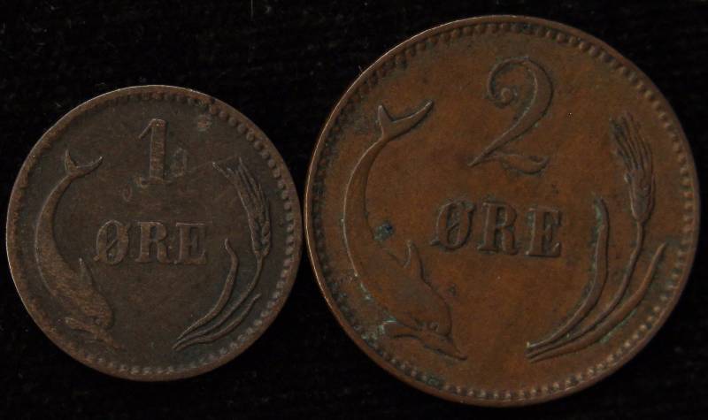 lot 30 image: GROUP OF 2 DENMARK COINS 1880 1 ORE, 1902 2 ORE