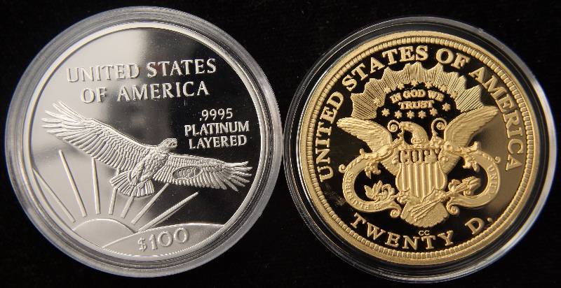 lot 31 image: GROUP OF 2 REPLICA COINS (NON GOLD OR SILVER)