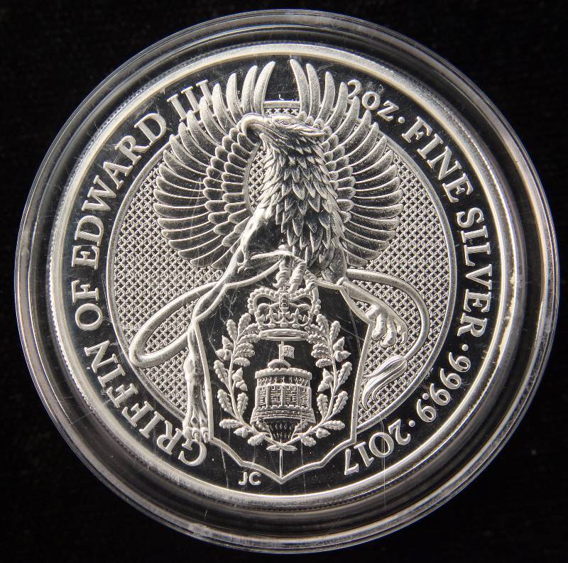 lot 34 image: 2017 GREAT BRITAIN 2 TROY OZ. .999 FINE SILVER QUEENS BEAST IN AIRTITE
