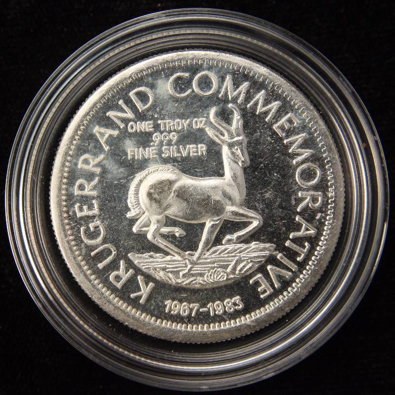lot 38 image: 1 TROY OZ. .999 FINE SILVER VINTAGE KRUGERRAND IN AIRTITE HOLDER