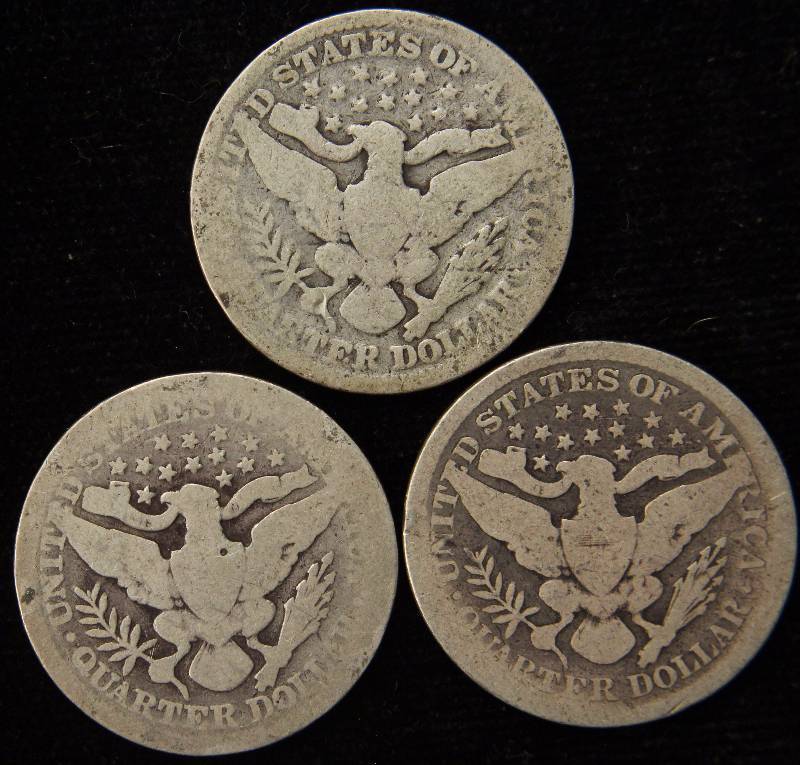 lot 54 image: GROUP OF 3 BARBER SILVER QUARTERS 1893, 1900, 1904