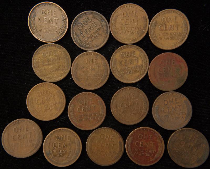 lot 55 image: GROUP OF 17 WHEAT CENTS-TEENS & TWENTIES