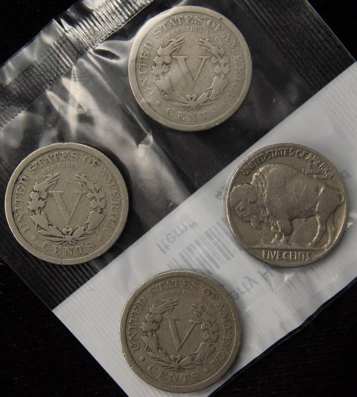 lot 59 image: GROUP OF 4 NICKELS  1907(2), 1912 V & 1936 BUFFALO