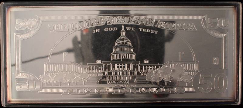 lot 72 image: 4 TROY OZ. .999 FINE SILVER FIFTY DOLLAR BILL (WEIGHED & TESTED OK)