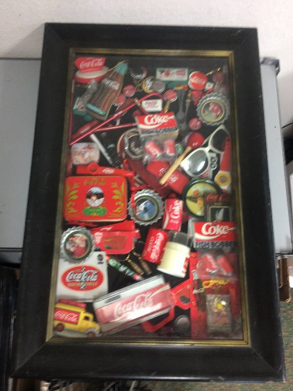 lot 2 image: Shadow Box wVintage Coca-Cola Memorabilia