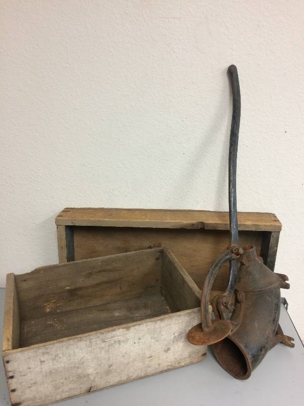 lot 49 image: Vintage Wooden Boxes and Sausage Stuffer