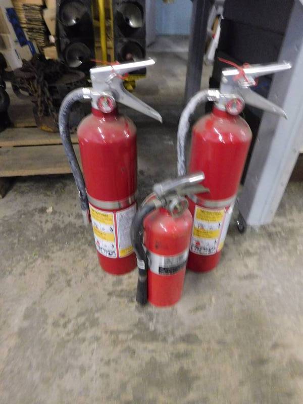 lot 45 image: 3 Fire Extinguishers- 2 Large Charged, 1 Small Discharged