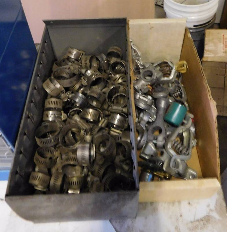 lot 61 image: Storage Bins, Misc., Hose Clamps, Electrical Connectors